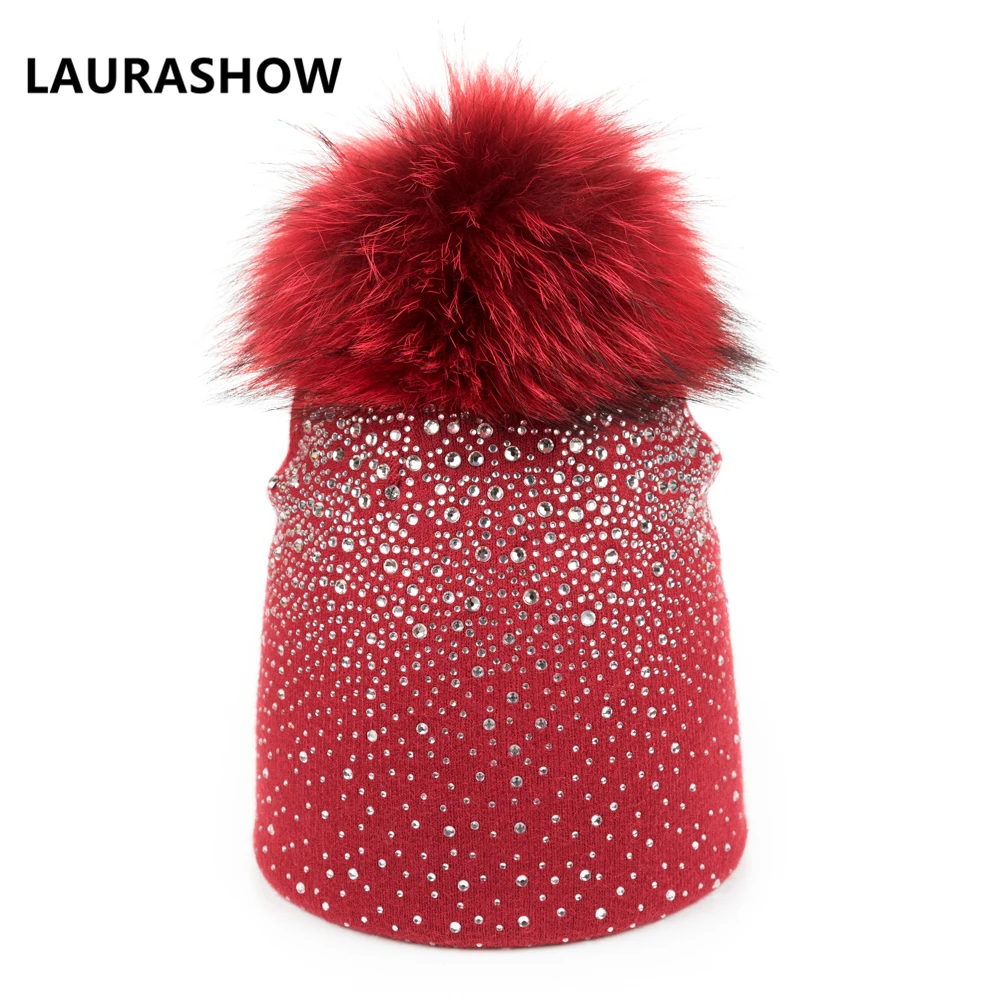 Женские вязаные шерстяные шапки с помпонами из натурального меха норки зимние