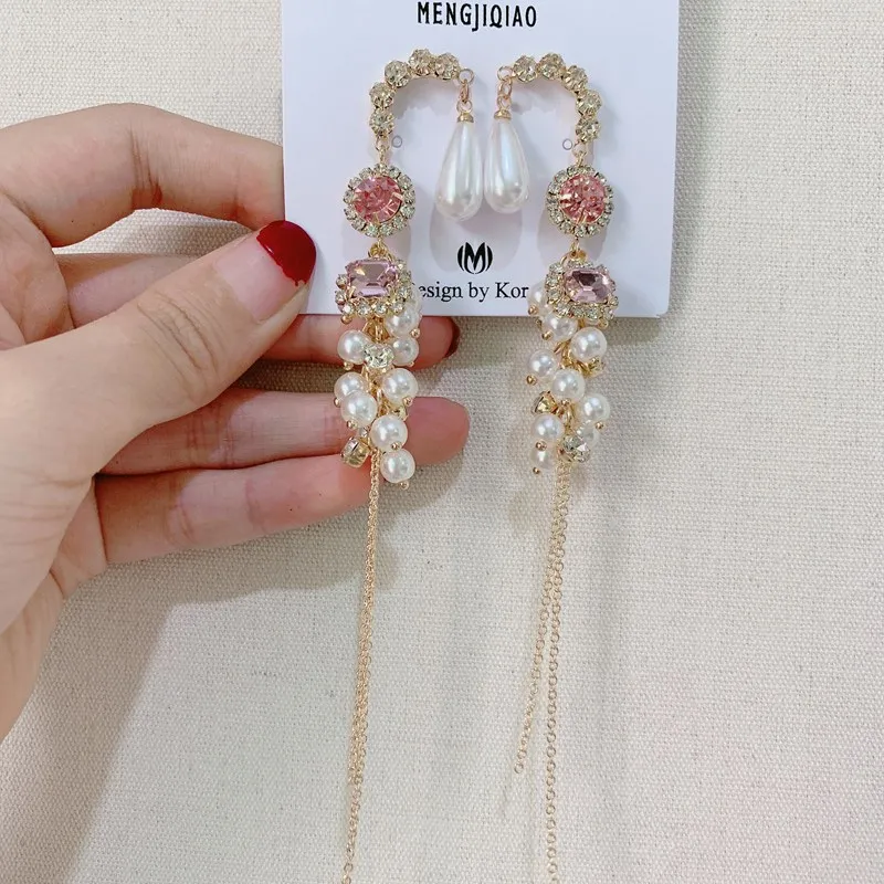 MENGJIQIAO корейский Новое поступление стразы цветок жемчуг кисточкой Висячие серьги для женщин блестящее сердце кристалл Винтаж Brincos Ювелирные Изделия