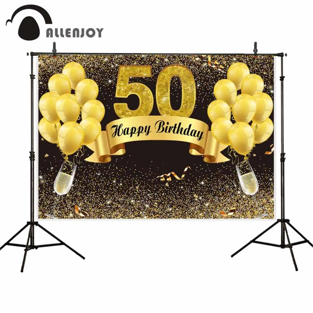 Allenjoy photography 50th birthday backdrops golden balloon Ribbon Champagne luxury party photo background photocall photophone |