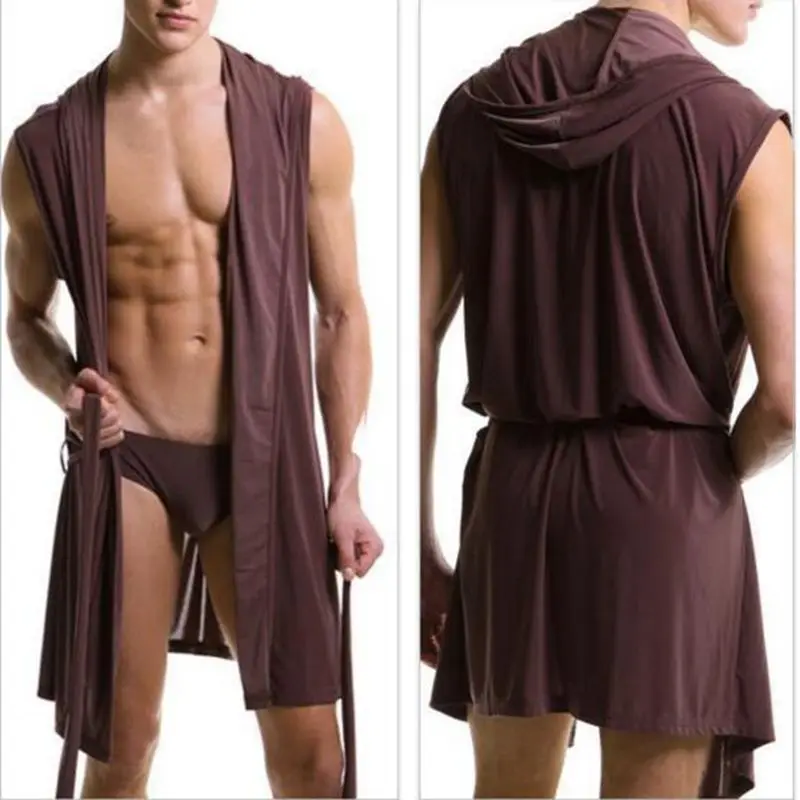 Men's robes set comfortable casual bathrobes sleeveless Viscose sexy Hooded robe homewear mens sleepwear lounge clothes briefs