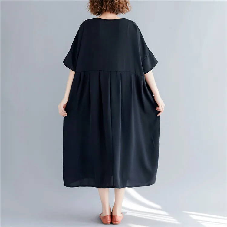 BelineRosa Simple Casual Black Color Dress in Big Sizes High Waist Loose Style Women Dress Cotton Linen Natural CLothesBSDM0250