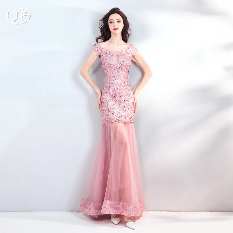 

Pink Mermaid Tulle Lace Appliques Sexy Luxury Long Evening Dresses Bride Party Prom Dress XK119