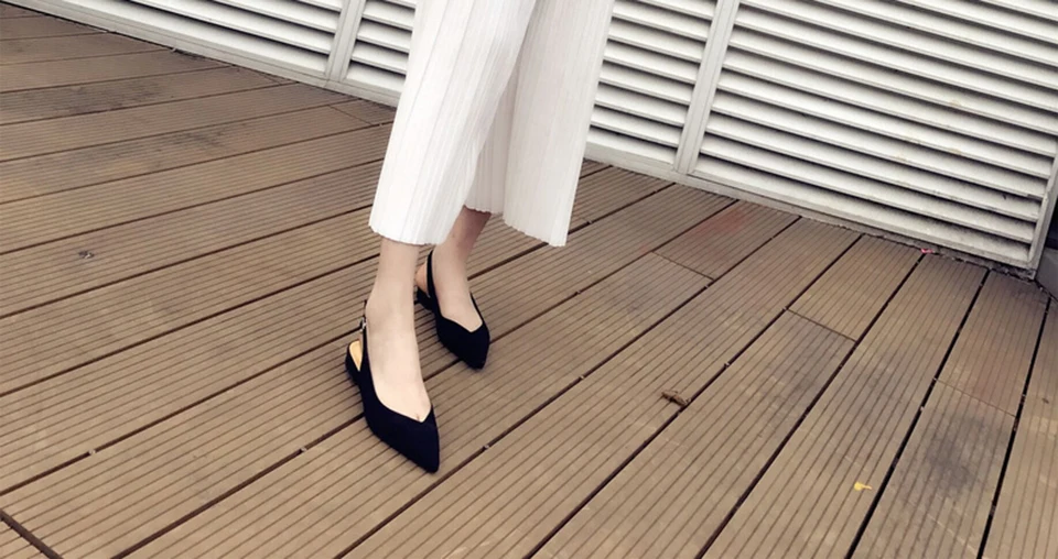 Модный Европейский Slingback слипоны замшевые последние Туфли без каблуков острый носок женский, Черный Размер 34 Ремешок на щиколотке острым Дамы Красивые