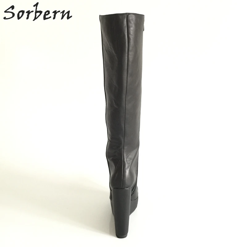 Женские сапоги на танкетке Sorbern черные до колена с круглым носком и плюшевой