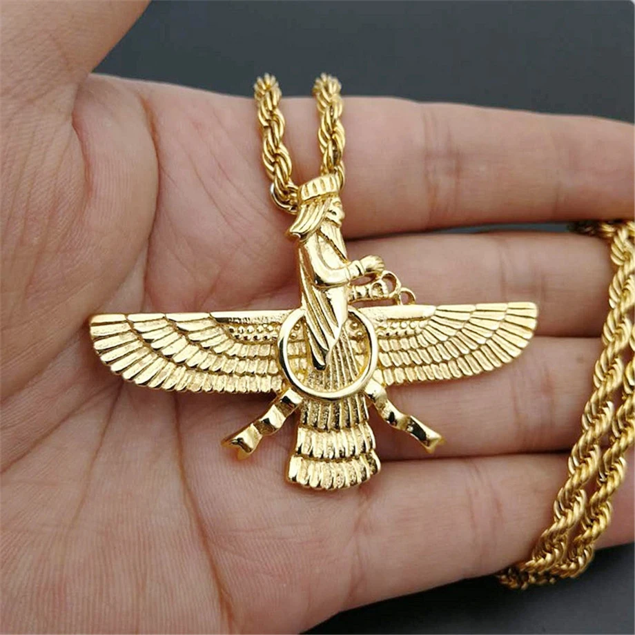 Мужской хип-хоп Iran Faravahar Ahura Mazda Zoroastrian кулон ожерелье золотой цвет нержавеющая сталь мужские ювелирные изделия