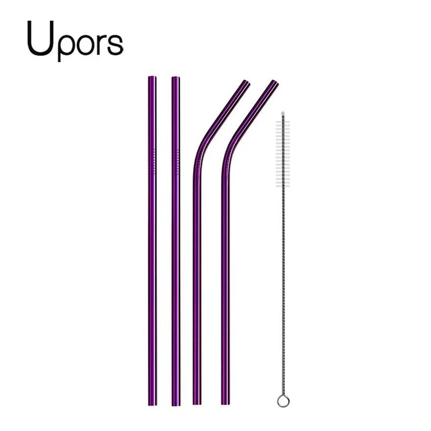 purple UPORS многоразовый металлический питьевой соломы 304 соломинки из нержавеющей стали прямо согнуты питьевой соломы с чистильщиком косметичка - Цвет: purple