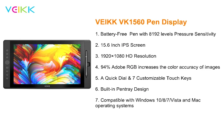 VEIKK VK1560 цифровая ручка для рисования планшетный монитор с 8192 уровнями пассивная ручка совместима с приложением для рисования, таким как PS