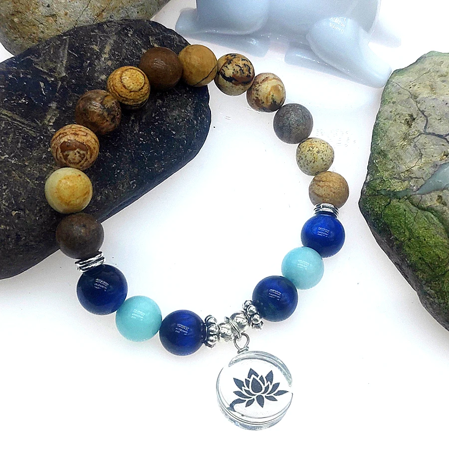 Топ 10 мм Природный Амазонит содалит драгоценный камень бусина Мала Браслет Лотос