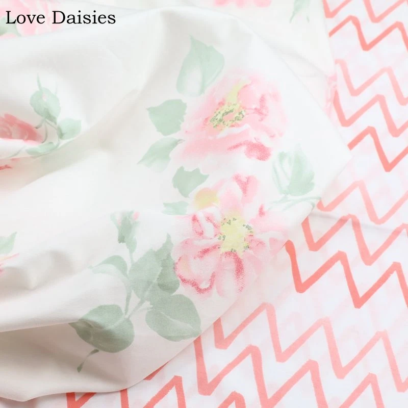 

100% Cotton Width235cm PINK Pastoral Flower Chevron Twill Fabric for DIY Bedding Apparel Dress Blouse Patchwork Handwork Sheet