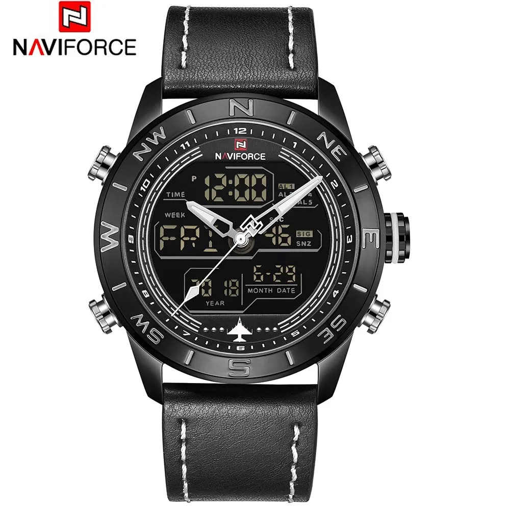 Бренд NAVIFORCE модные синие мужские спортивные часы светодиодный, аналоговый, цифровой часы в стиле милитари кожаные кварцевые часы Relogio Masculino - Цвет: Черный