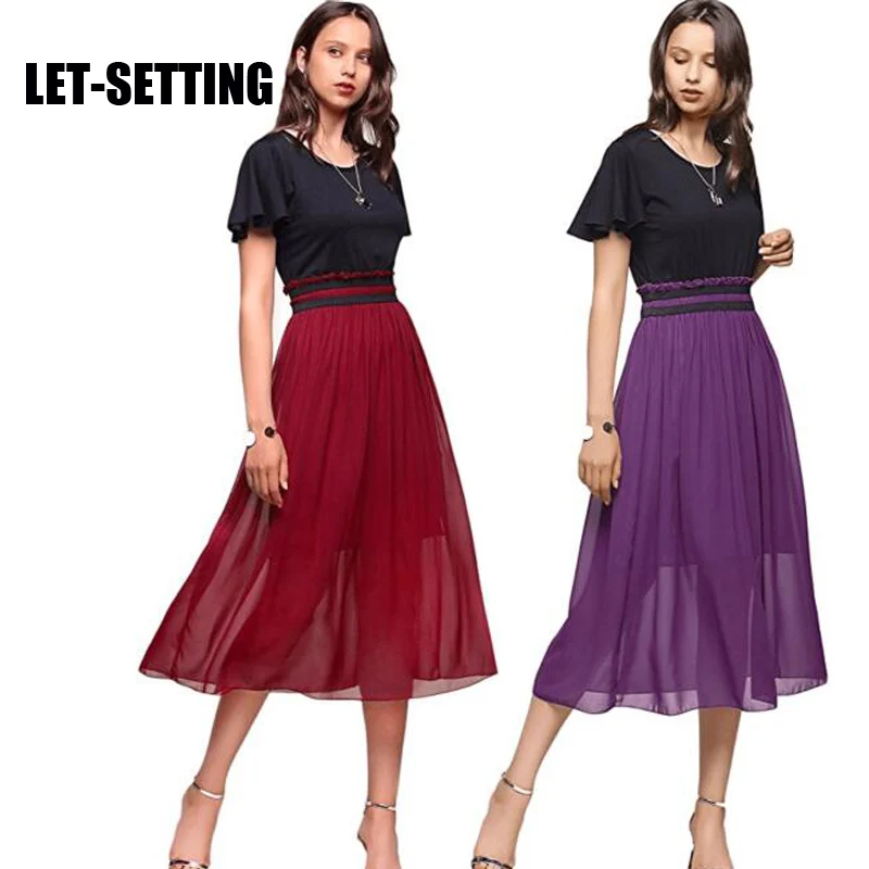 Летнее трикотажное шифоновое платье большого размера женское облегающее с