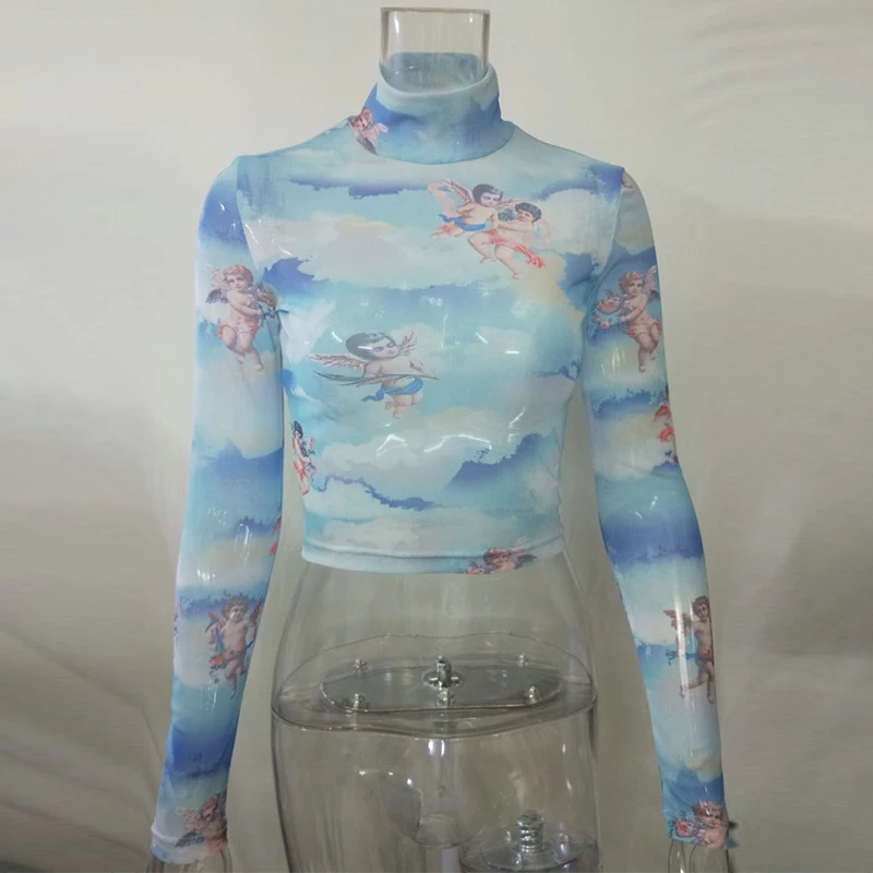 Женская Синяя водолазка с принтом ангела Прозрачная Футболка облегающая