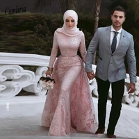 charming mermaid muslim evening dresses hijab lace appliques elegant special occasion dresses long sleeve arab middle east prom