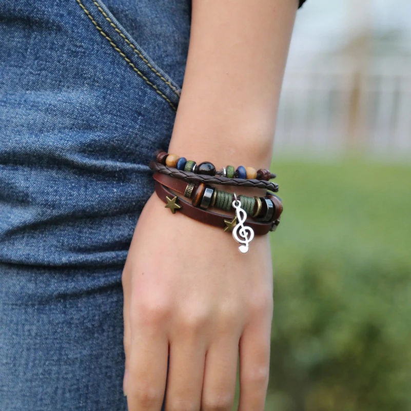 Boho Gypsy хиппи черный коричневый кожаный Звездный G Clef музыкальная нотка