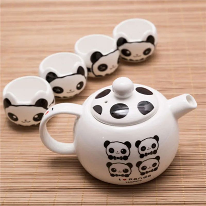 

[1 Pot+4 Cups]Panda Teapot Cup Lovely Chinese Ceramic Tea Set Hot Coffee Mugs Water Bottle Souvenir Christmas Gift
