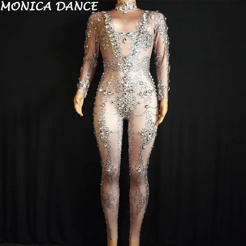 Women Sexy Stage Dance Costumes Glass Sparkling Crystals Bodysuit Nightclub Wedding Birthday Party Singer Dancer Bling Jumpsuit