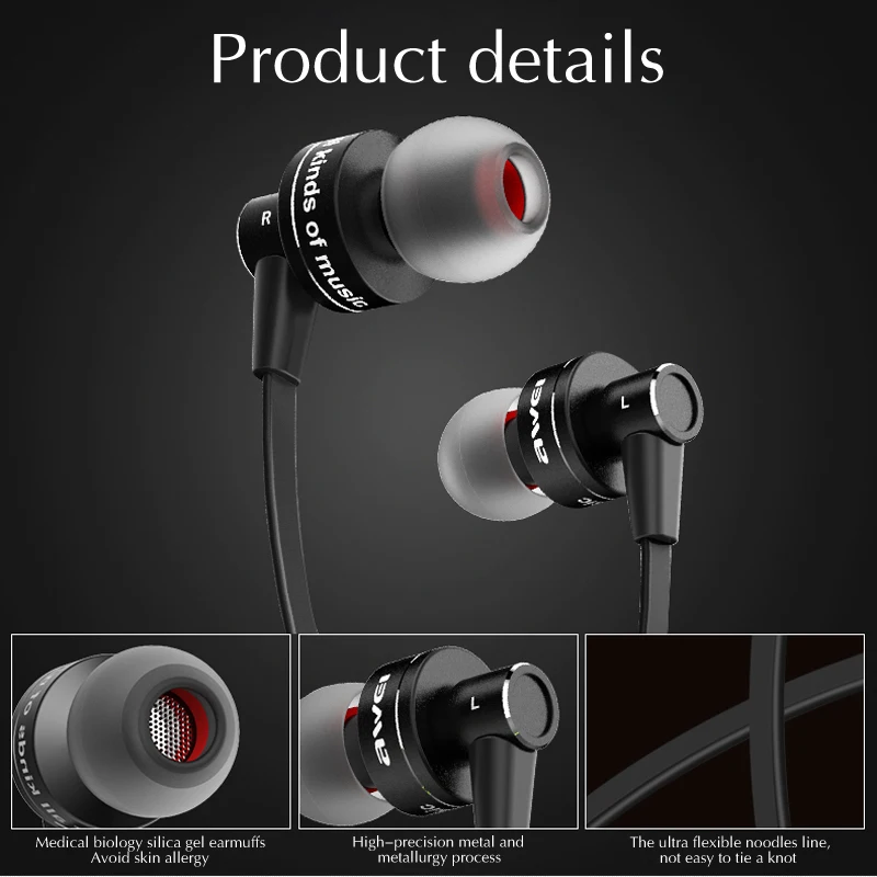 Awei A990BL Earphones Bluetooth 4.0 Wireless Sports Handsfree Portable In-Ear Earphone with Mic for Android IOS Mobile Phone | Электроника