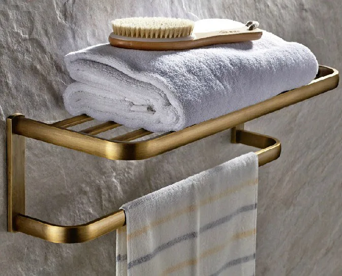 

Bathroom Towel Holders Double Deck Antique Brass Towel Storage Racks Shelves Wall Mounted Robe Racks Accessories Lba172