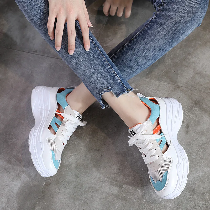 2019 летние вулканизированные женские модные кроссовки сандалии на шнуровке