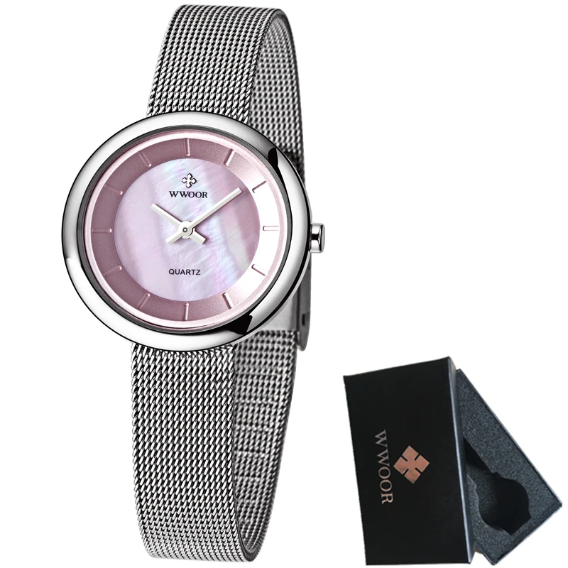 Женские часы WWOOR роскошные модные кварцевые с ультра тонким циферблатом стальной