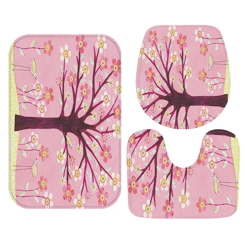 

3pcs/Set Anti-skid Absorbent Toilet Cover Carpet Trees & Flowers Printed Bath Mats Non-slip Floor Carpet Bathroom Decorate
