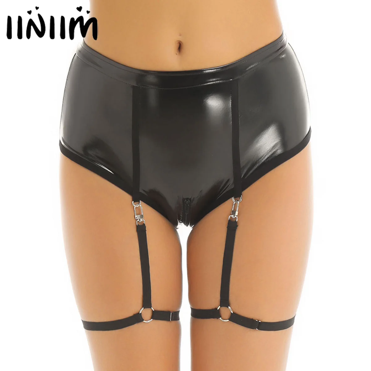 

Women Sexy New Wetlook Patent Leather Lingerie High Waist Zippered Crotch Exotic Bikini Briefs Underwear with Leg Garters Band