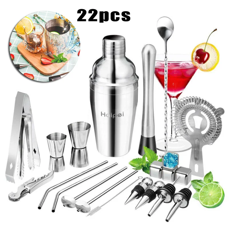 22Pcs/Set Stainless Steel Cocktail Shaker Set Drinks Strainer Bottle Opener Maker Mixer Spoon Measure Cup Bar Beginner Tool Kit