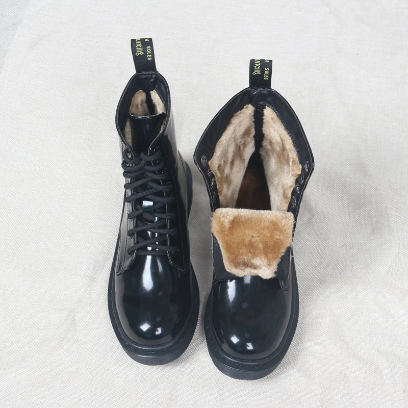 Baimier Winter Black Patent Leather Women Boots Fashion Round Toe Lace Up Ankle Boots For Women Warm Plush Women Winter Boots