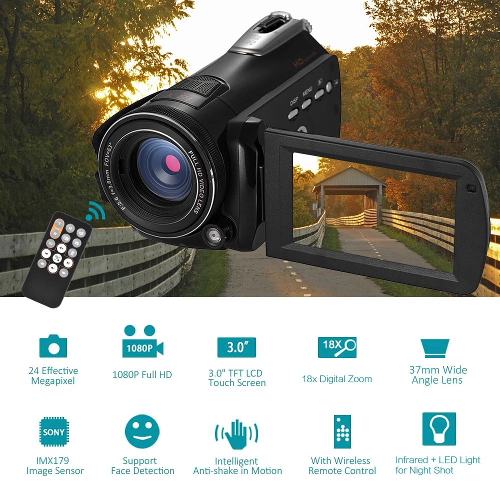 Andoer HDV D395 Цифровая видеокамера DV WiFi 1080P 30fps FHD 24 м 18X зум с пультом дистанционного