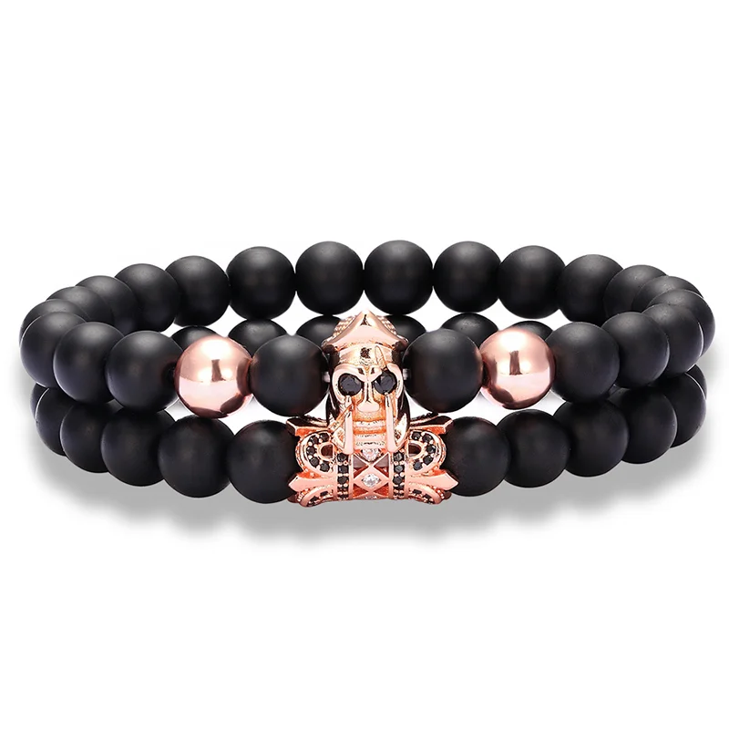 

2 pieces / set Vintage Roman Knight Sparta Helmet Bracelet Fashion Glamour Black Matte Beads Beaded Bracelet