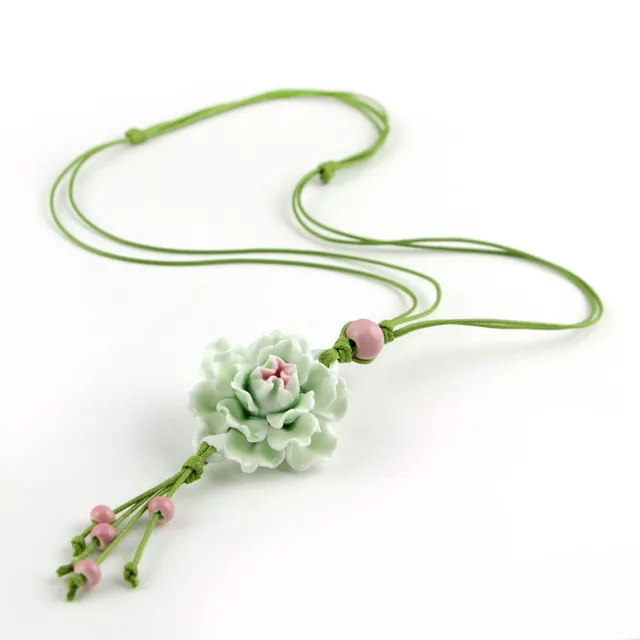 Ceramic handicraft carnation long necklace vintage flower sweater chain gifts accessory fashion party jewelry Christmas present 10