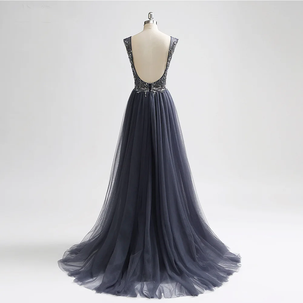 Женское вечернее платье с юбкой-годе темно-серое V-образным вырезом открытой
