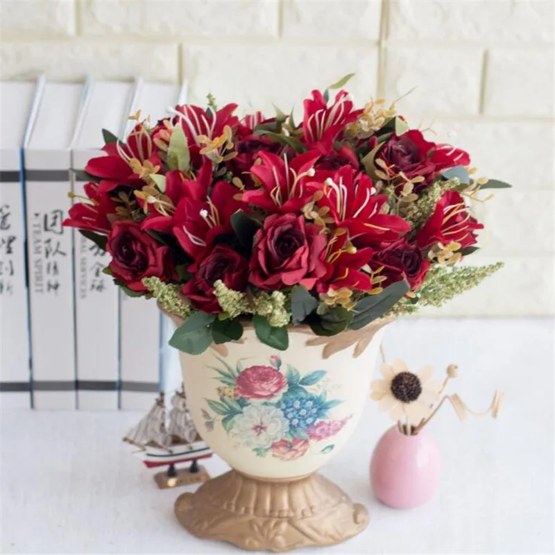 Поддельные розы и лилии букет (9 стеблей долларов США/шт) Моделирование с фрукт из