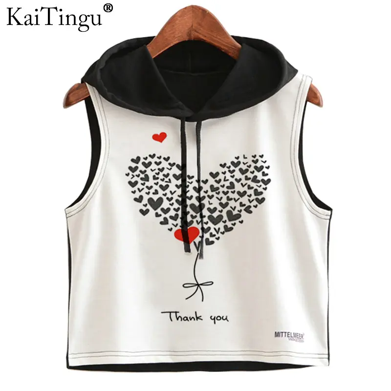 KaiTingu 2017 летний женский укороченный топ с капюшоном и принтом сердца повседневные
