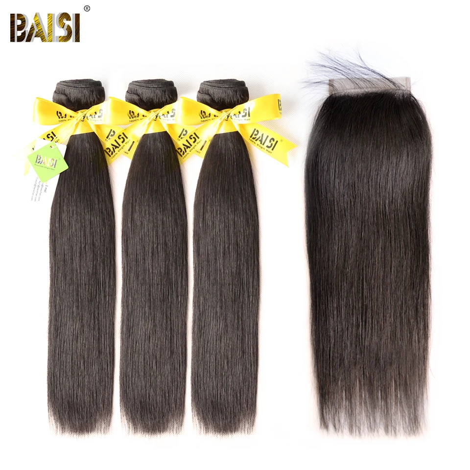 BAISI волосы необработанные бразильские прямые девственные 3 пучка с закрытием