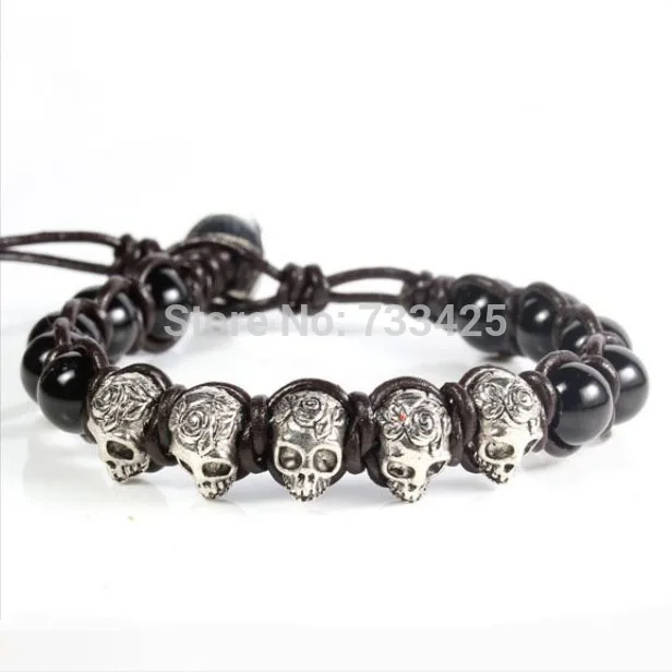 5 шт./лот хит продаж мужской браслет из бисера с серебряным черепом