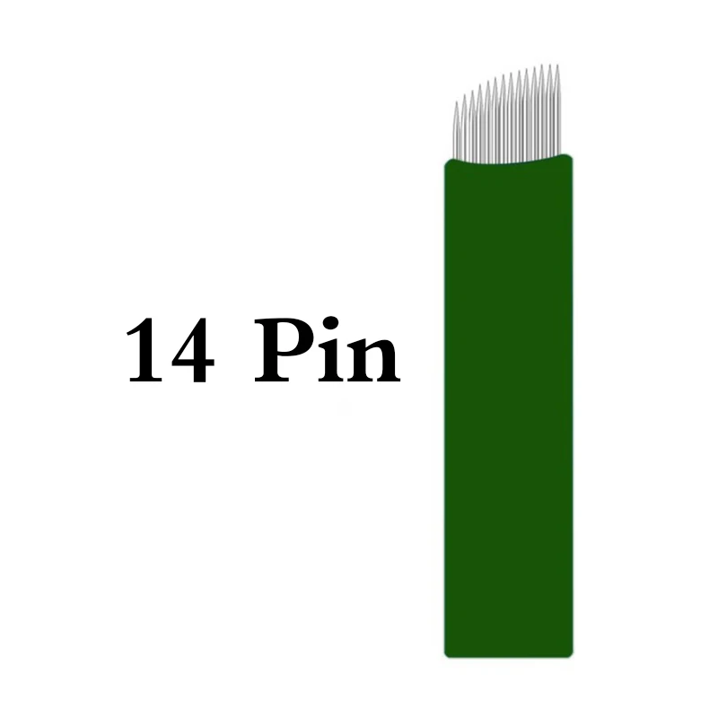 14 Pin 100 шт. 11 12 14 16 17 18 гибкие лезвия 0,20 мм зеленые микроблейдинг Иглы для татуировки Lamina Перманентный макияж tebori Agulhas иглы - Габаритные размеры: 14 Pin