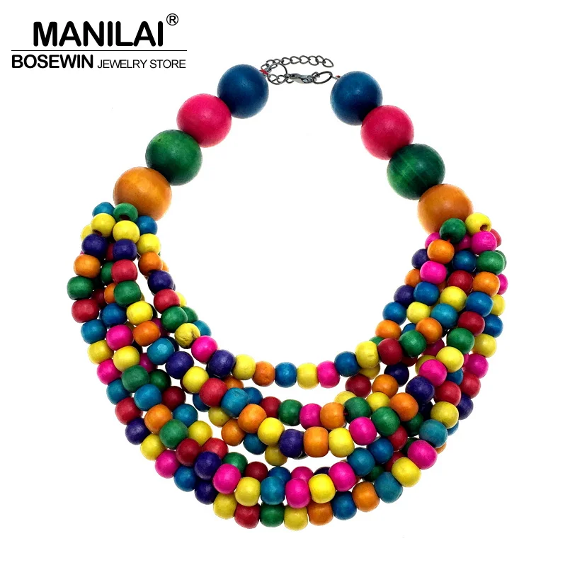 

MANILAI Fashion Bohemia Multi-layers Beaded Statement Necklace Woman Handmade Multi color Wood Bead Chokers Necklace Jewelry