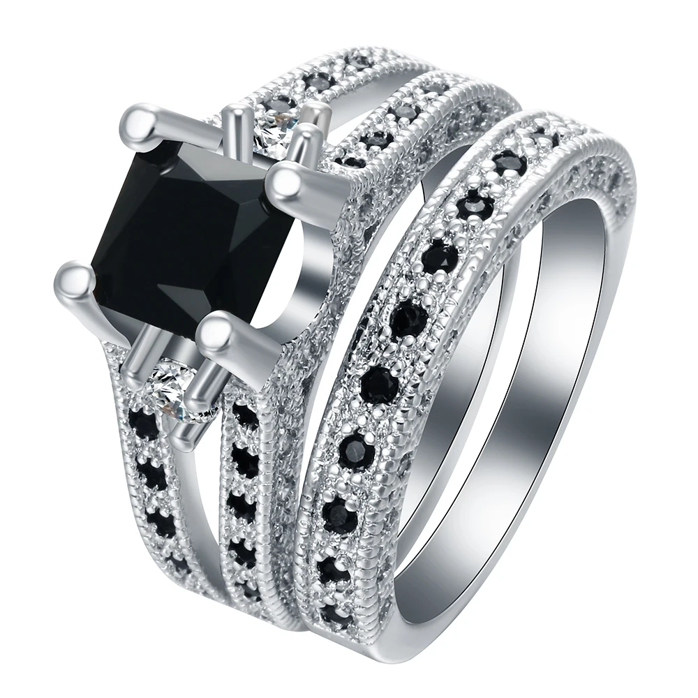 

2023 New Fashion 2 Pcs Ring Set Silver Color Filled Black Cubic Zirconia Elegant Temperament Wedding Engagement Jewelry Ring