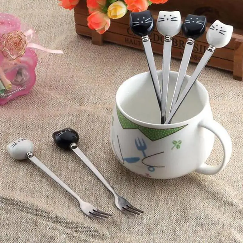 1 шт. с рисунком кота из мультфильма, ложки, вилки, длинные Кофе перемешивание ложка, вилка для фруктов Нержавеющая сталь с Керамика Кот Ручка#30
