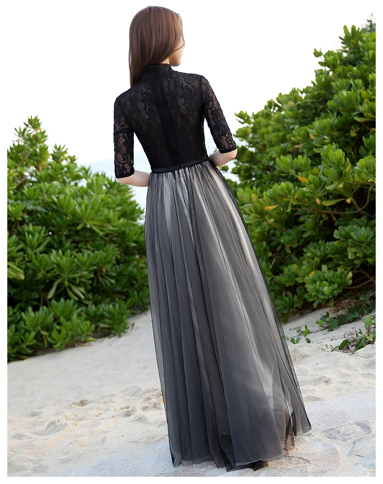 Черный Длинные Кружева Вечерние Платья A-Line Молния Пром Ручной Работы 2017 Сшитое