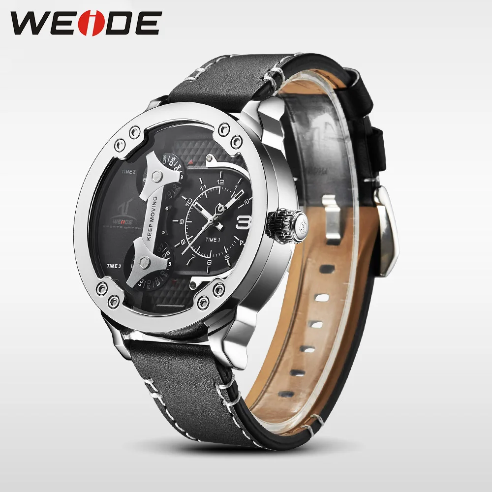 WEIDE Наручные Часы Мужские Спортивные Из Нержавеющей Стали Люкс Стильные Кварцевые Черный Кожаный Ремешок