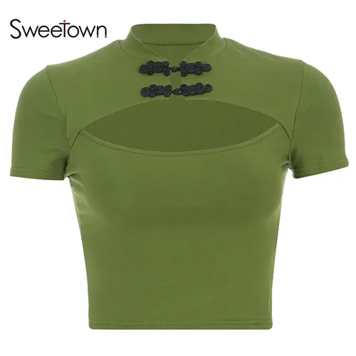 green Sweetown, тонкий сексуальный короткий топ, женская футболка, лето, китайский стиль, чонсам, воротник, футболка с вырезами, открытая, трикотажная футболка - Цвет: green