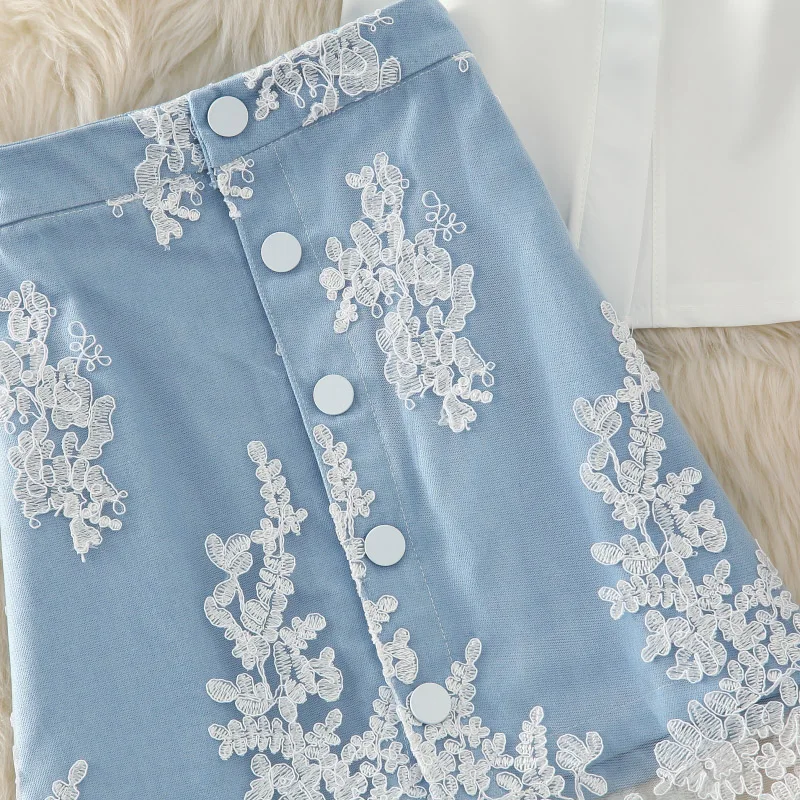 Кружевная Лоскутная джинсовая юбка Женский комплект 2 шт. шифоновый с открытыми