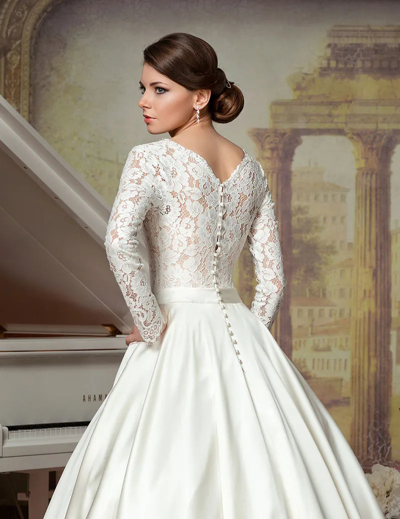 SexeMara Wedding Dresses 2017 De Noiva Vintage Princess V-neck Illusion Beaded Long Sleeves Ball Satin | Свадьбы и торжества