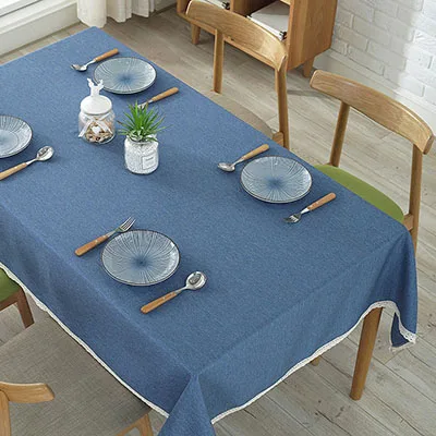 blue Solid Color Decorative Tablecloth Imitation Linen Lace Table Cloth Dining Table Cover Home Decoration - Цвет: blue
