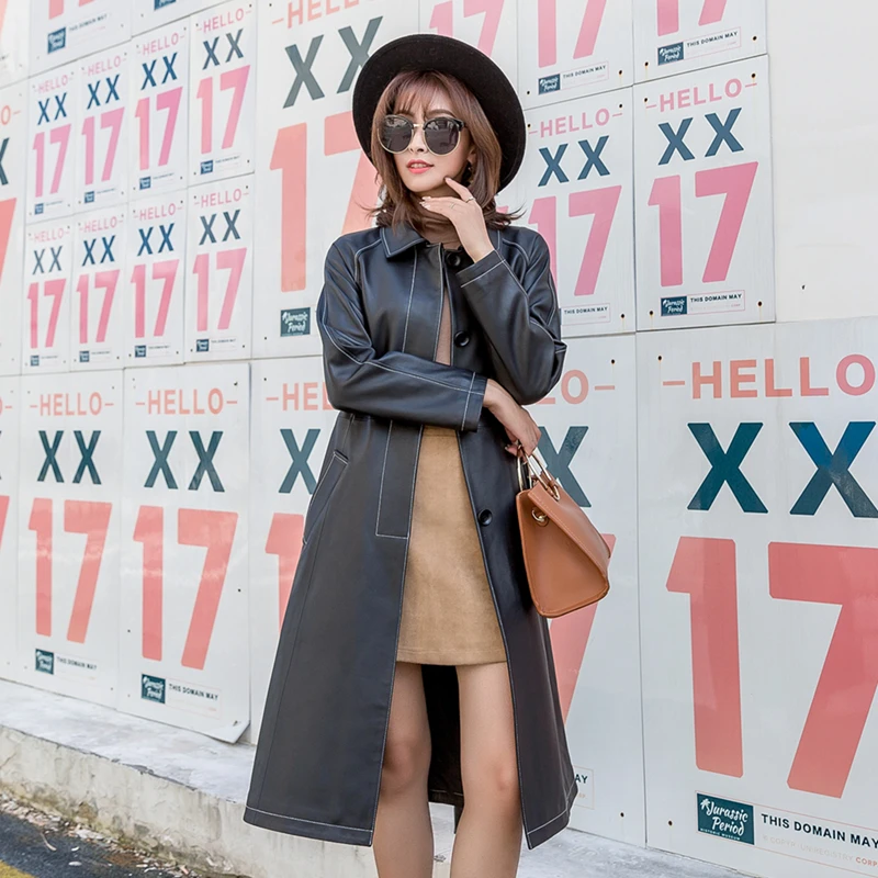 Европейская станция 2018 осень новая кожа Haining Женская длинная овечья ветровка