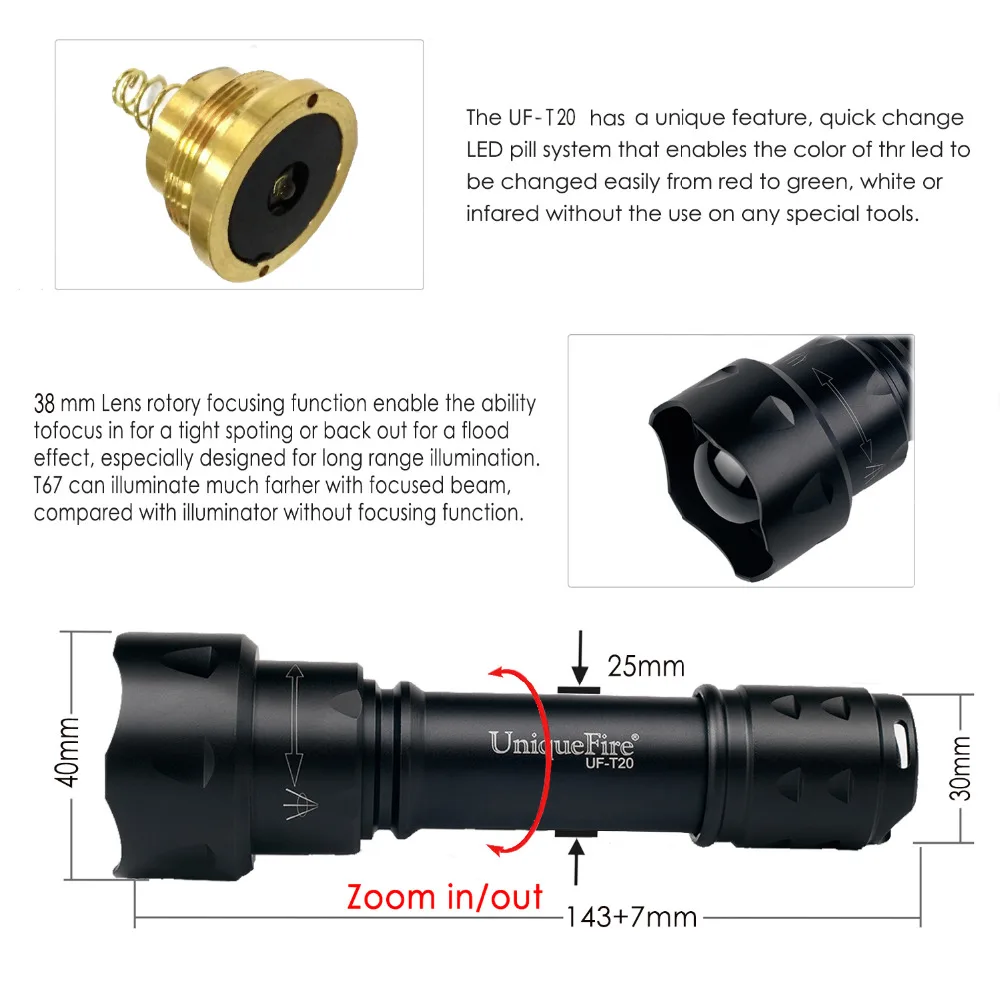 Фонарь UniqueFire T20 XRE зеленый/белый/красный свет зум 3 режима охотничий фонарь с