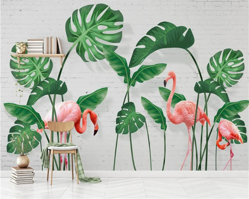 

Beibehang Custom murals Wallpaper Hand-painted green leaves tropical rainforest flamingo photo 3D wallpaper papier peint murals