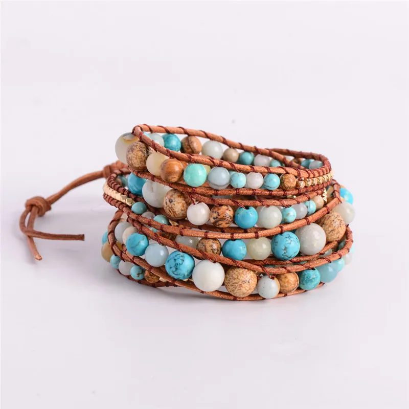 Изысканный градиентный 2018 - 5X кожаный браслет Amazonite золотой многослойный для